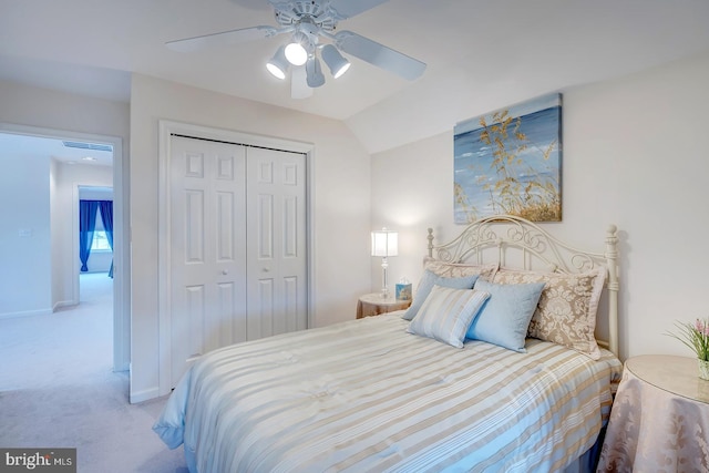 10 Cavendish Ct, Rehoboth Beach, DE 19971 - bedroom featuring a closet, carpet, ceiling fan, vaulted ceiling, and baseboards