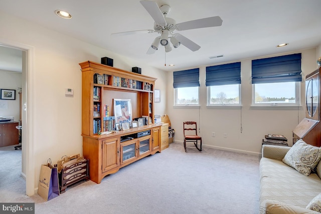10 Cavendish Ct, Rehoboth Beach, DE 19971 - living area featuring light carpet, ceiling fan, recessed lighting, and baseboards