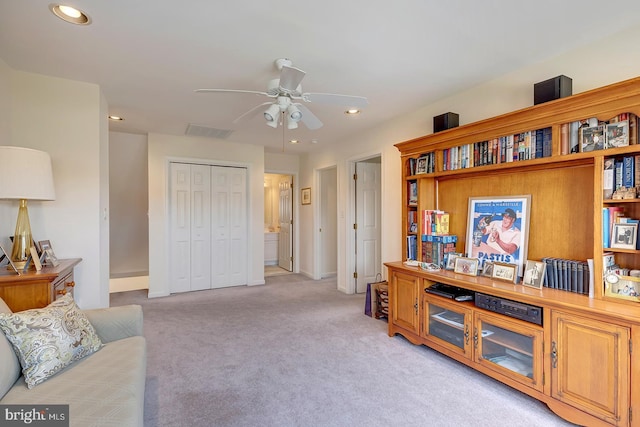 10 Cavendish Ct, Rehoboth Beach, DE 19971 - living room with a ceiling fan, recessed lighting, light colored carpet, and baseboards