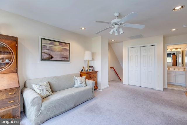 10 Cavendish Ct, Rehoboth Beach, DE 19971 - living room with ceiling fan, recessed lighting, carpet flooring, and baseboards