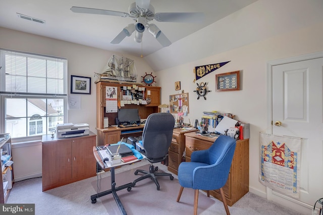 10 Cavendish Ct, Rehoboth Beach, DE 19971 - home office with a ceiling fan, light colored carpet, and lofted ceiling