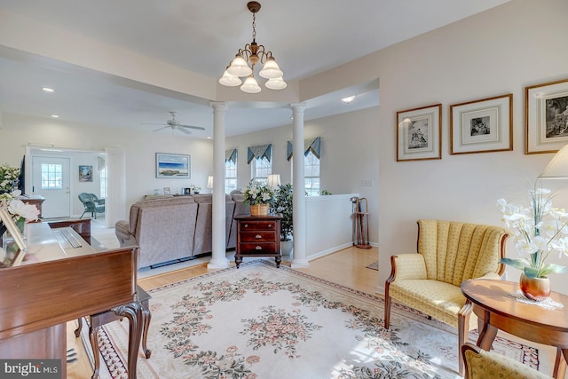 10 Cavendish Ct, Rehoboth Beach, DE 19971 - office space featuring ornate columns, light wood finished floors, a ceiling fan, recessed lighting, and baseboards