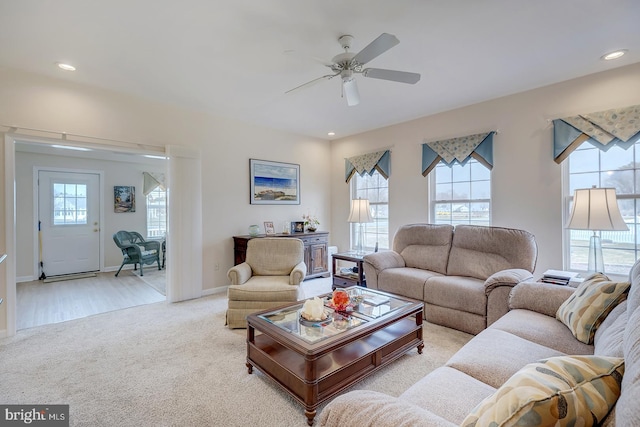 10 Cavendish Ct, Rehoboth Beach, DE 19971 - living room featuring light carpet, a ceiling fan, baseboards, and recessed lighting