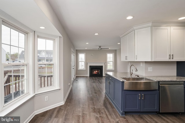 kitchen featuring white cabinetry, a sink, dark wood-style floors, dishwasher, and a ceiling fan