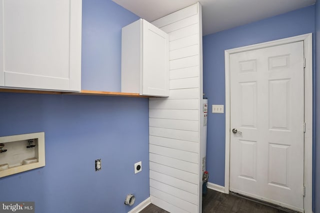 laundry room featuring hookup for an electric dryer, dark wood-style flooring, baseboards, cabinet space, and washer hookup