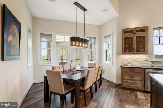 dining room featuring dark wood-type flooring and baseboards