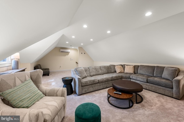 living room featuring lofted ceiling, carpet flooring, an AC wall unit, and recessed lighting