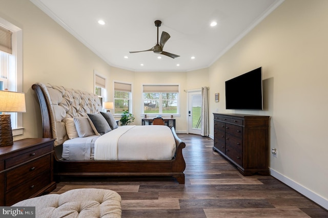 bedroom featuring recessed lighting, dark wood-style floors, access to exterior, ornamental molding, and baseboards