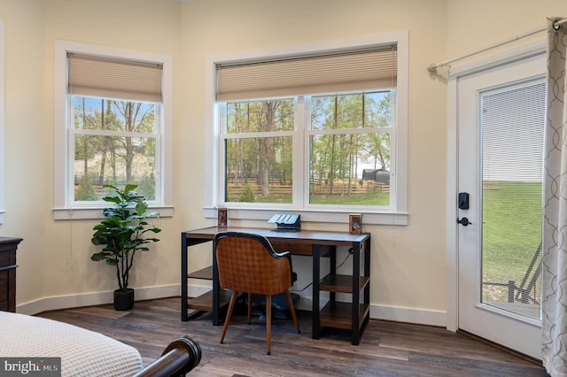 office space with baseboards and dark wood-style flooring