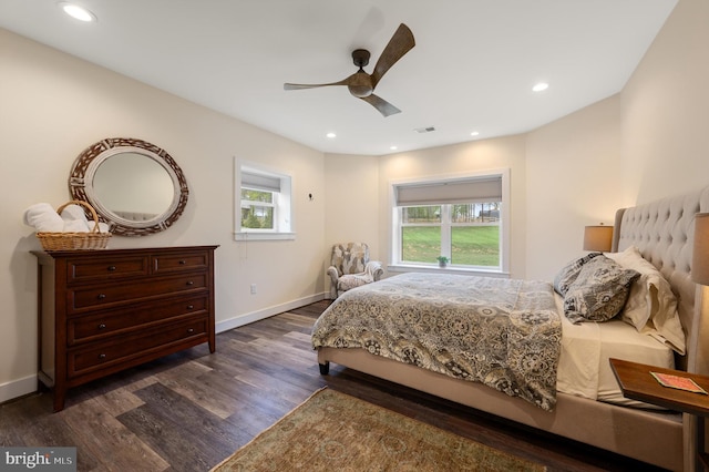 bedroom with ceiling fan, baseboards, dark wood-type flooring, visible vents, and recessed lighting