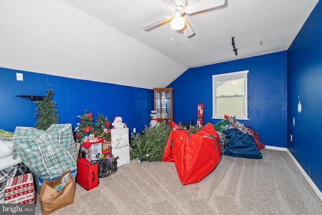 25 Mica St, Townsend, DE 19734 - game room featuring baseboards, carpet flooring, ceiling fan, and vaulted ceiling