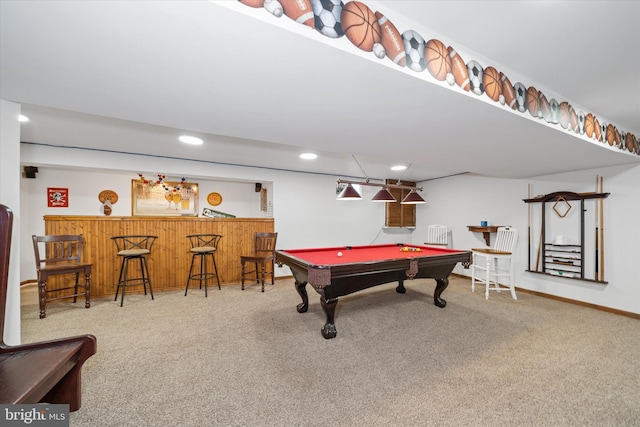 25 Mica St, Townsend, DE 19734 - recreation room with baseboards, a dry bar, billiards, recessed lighting, and carpet flooring