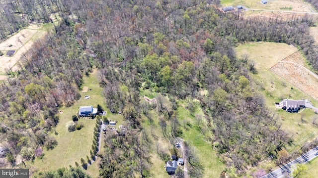 drone / aerial view featuring a view of trees and a rural view