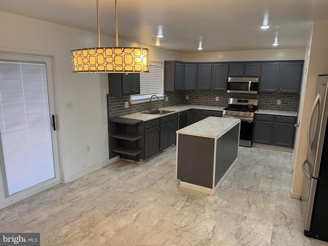 446 Hillside Dr, Mountville, PA 17554 - kitchen featuring open shelves, backsplash, marble finish floor, a sink, and appliances with stainless steel finishes