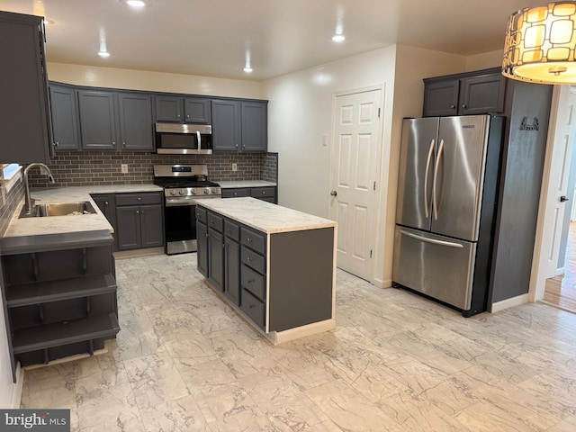 446 Hillside Dr, Mountville, PA 17554 - kitchen with a sink, open shelves, a center island, stainless steel appliances, and marble finish floor