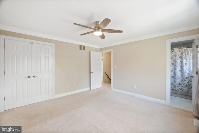 13108 Manor Dr, Mount Airy, MD 21771 - unfurnished bedroom featuring carpet floors, crown molding, a closet, baseboards, and ensuite bath