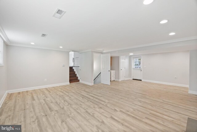 13108 Manor Dr, Mount Airy, MD 21771 - basement featuring recessed lighting, stairway, crown molding, light wood-style floors, and baseboards