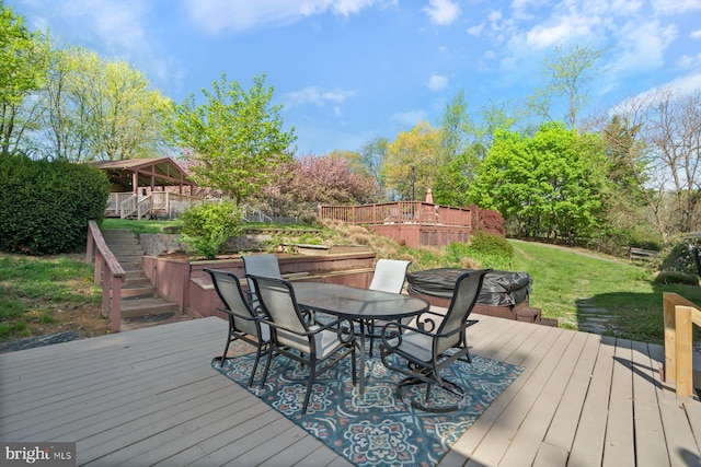 13108 Manor Dr, Mount Airy, MD 21771 - wooden terrace featuring stairs, outdoor dining space, and a yard