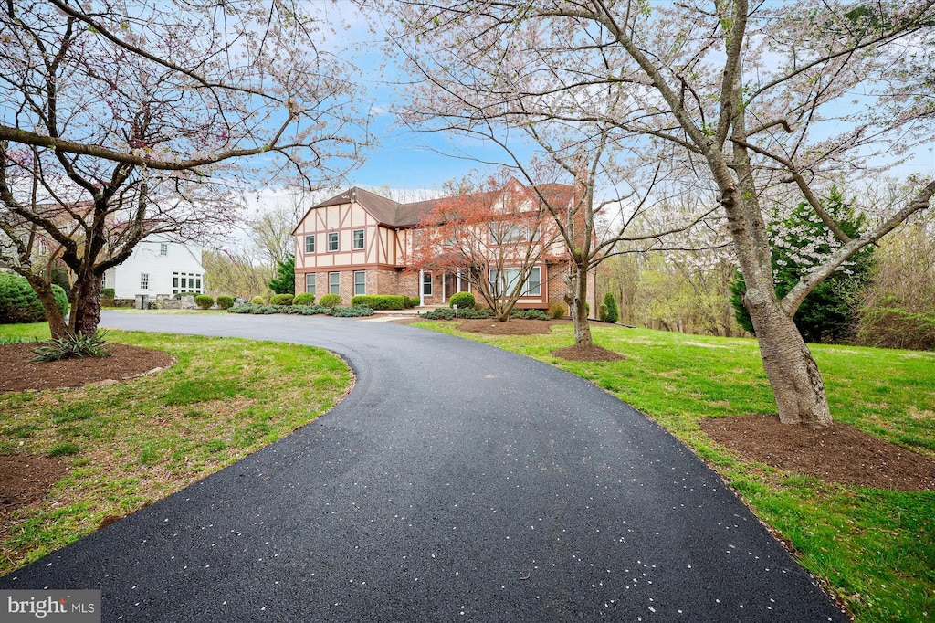 view of front facade with curved driveway, a front yard, and brick siding