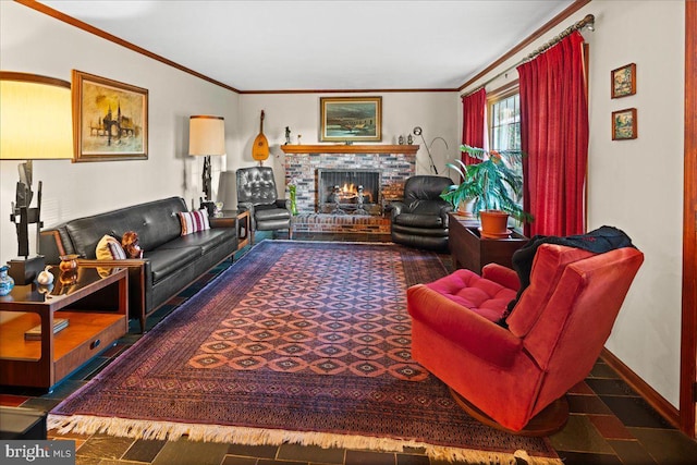 6 Mckonkey Way, Titusville, NJ 08560 - living area featuring baseboards, a fireplace, and crown molding