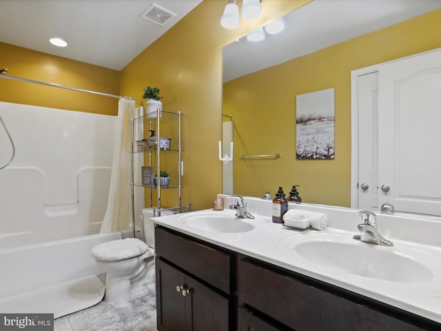 bathroom with shower / bathtub combination with curtain, a sink, visible vents, and double vanity