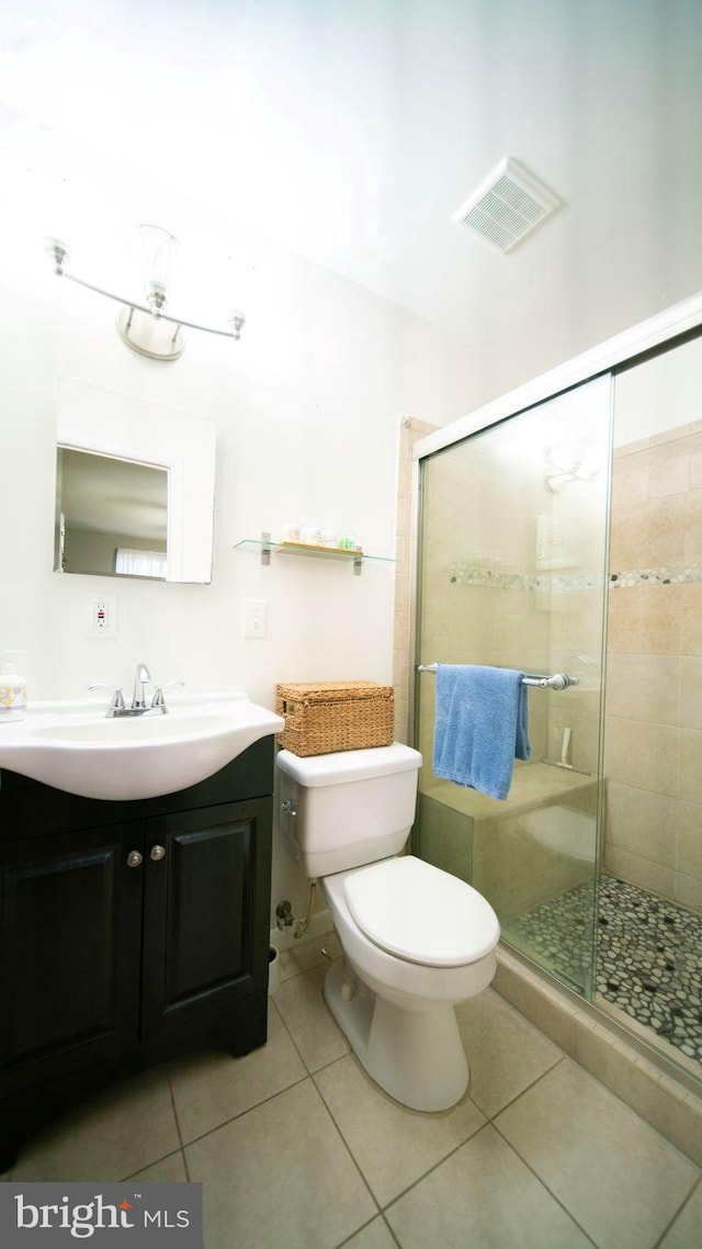 bathroom featuring toilet, vanity, visible vents, a stall shower, and tile patterned flooring