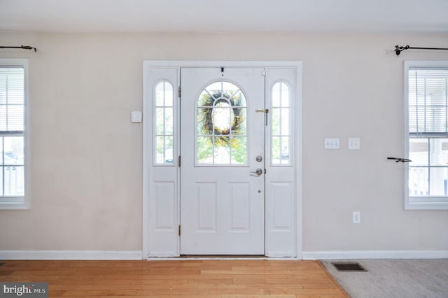 foyer entrance featuring light wood-type flooring and a healthy amount of sunlight