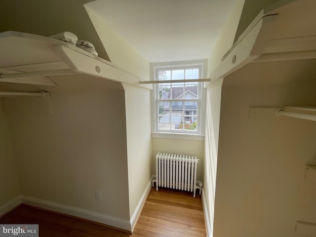 spacious closet featuring radiator and wood finished floors