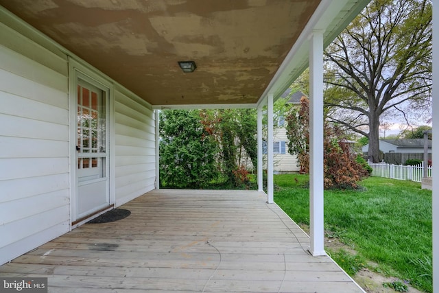 wooden deck featuring fence and a yard