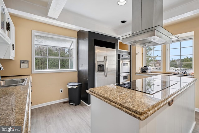 kitchen featuring island exhaust hood, a sink, light wood finished floors, a wealth of natural light, and appliances with stainless steel finishes