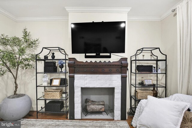 1240 Leopard St, Philadelphia, PA 19125 - living room with ornamental molding, wood finished floors, and a fireplace