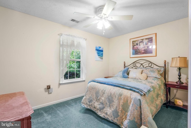 37217 Asher Rd, Mechanicsville, MD 20659 - bedroom featuring a textured ceiling, carpet, a ceiling fan, baseboards, and visible vents