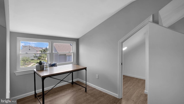 1315 Riverwood, Baltimore, MD 21226 - office with baseboards, wood finished floors, and lofted ceiling