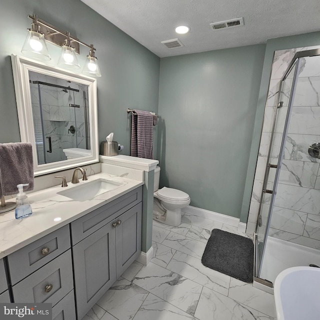 full bathroom featuring a shower stall, marble finish floor, and visible vents