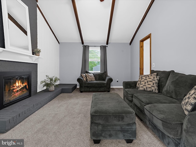 142 Tall Tree Trl, Arnold, MD 21012 - carpeted living area with a brick fireplace and vaulted ceiling with beams