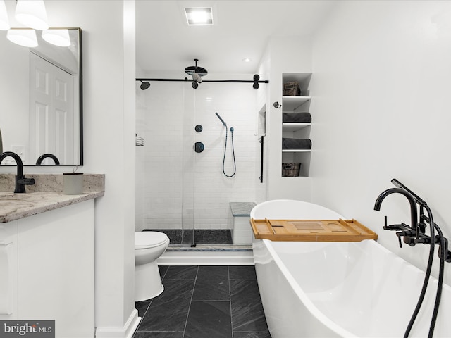 142 Tall Tree Trl, Arnold, MD 21012 - full bathroom featuring vanity, a shower stall, a freestanding bath, and toilet