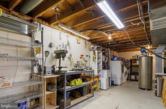 142 Tall Tree Trl, Arnold, MD 21012 - unfinished basement with water heater, a workshop area, and washer and dryer