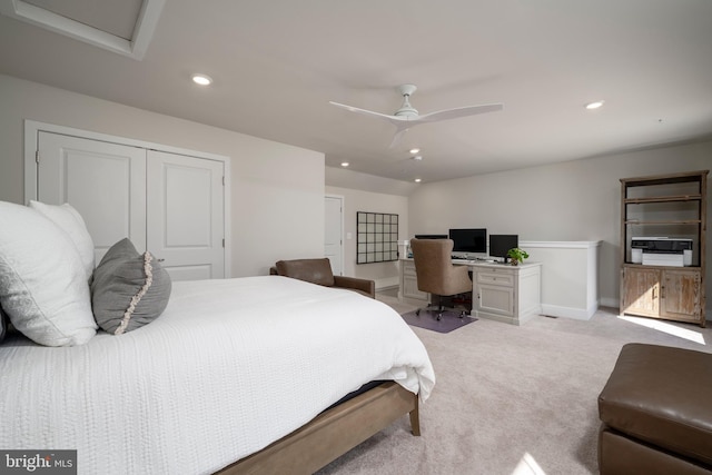 12455 Sea Oaks Ln Unit 4, Berlin, MD 21811 - bedroom featuring a closet, baseboards, recessed lighting, a ceiling fan, and light colored carpet