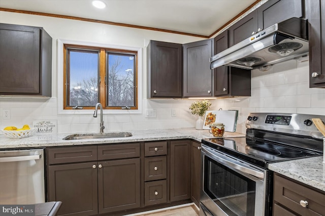 28 Beech Hill Dr, Newark, DE 19711 - kitchen with under cabinet range hood, dark brown cabinetry, stainless steel appliances, and a sink