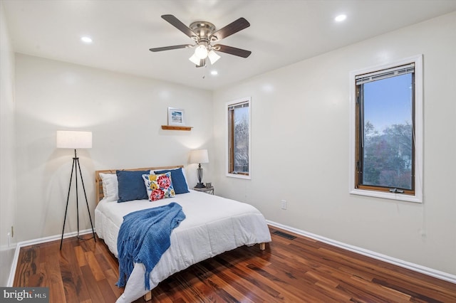 28 Beech Hill Dr, Newark, DE 19711 - bedroom with recessed lighting, wood finished floors, visible vents, a ceiling fan, and baseboards