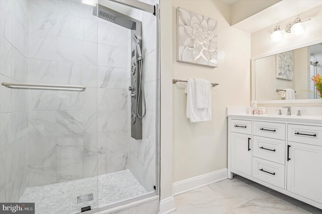 28 Beech Hill Dr, Newark, DE 19711 - full bathroom featuring a shower stall, marble finish floor, baseboards, and vanity