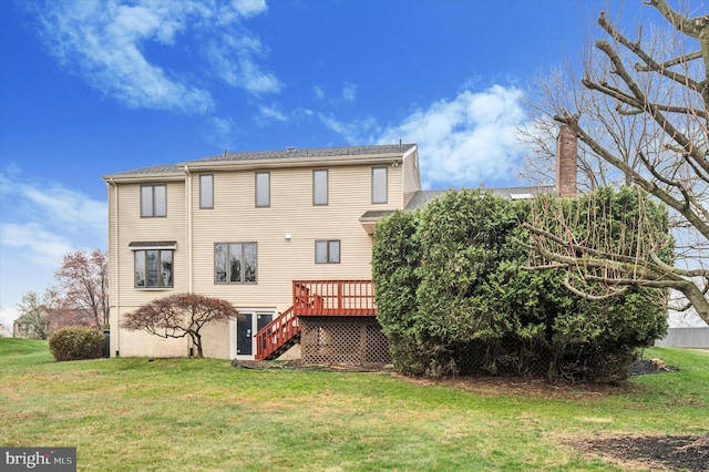 28 Beech Hill Dr, Newark, DE 19711 - rear view of property with a chimney, a wooden deck, stairway, and a yard