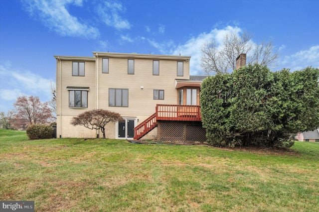 28 Beech Hill Dr, Newark, DE 19711 - rear view of property featuring a chimney, a wooden deck, stairway, and a yard
