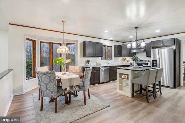 28 Beech Hill Dr, Newark, DE 19711 - kitchen featuring light wood finished floors, stainless steel appliances, a sink, a chandelier, and under cabinet range hood