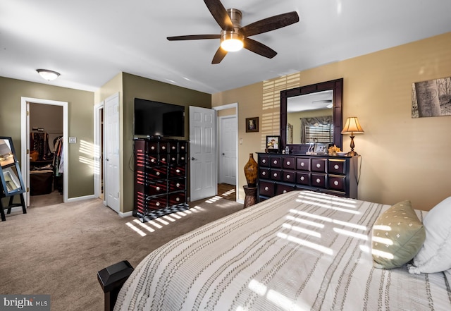 bedroom with a closet, baseboards, a ceiling fan, carpet, and a walk in closet