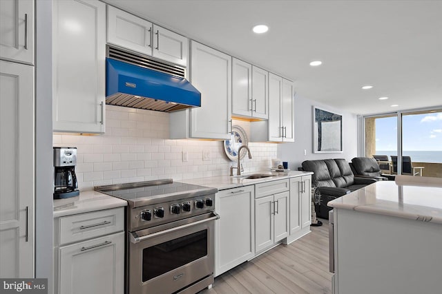 8500 Coastal Hwy Unit 805, Ocean City, MD 21842 - kitchen featuring white cabinetry, under cabinet range hood, a sink, high end stainless steel range oven, and backsplash