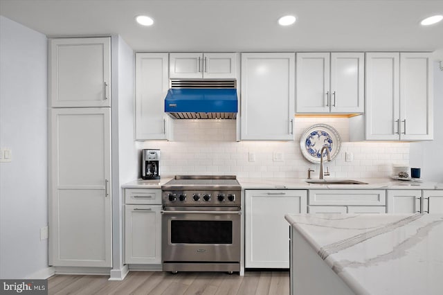 8500 Coastal Hwy Unit 805, Ocean City, MD 21842 - kitchen with premium range hood, high end stainless steel range oven, a sink, and white cabinetry