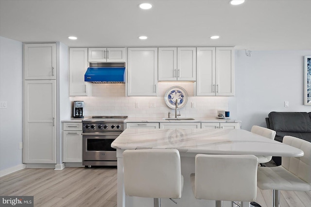 8500 Coastal Hwy Unit 805, Ocean City, MD 21842 - kitchen with tasteful backsplash, stainless steel stove, light stone counters, light wood-style flooring, and premium range hood