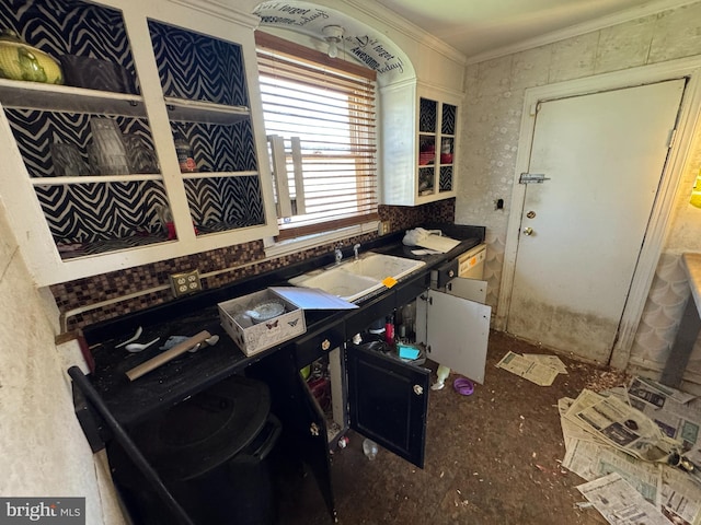 605 Walnut Ave, Baltimore, MD 21229 - kitchen with dark countertops, ornamental molding, and open shelves