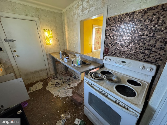 605 Walnut Ave, Baltimore, MD 21229 - kitchen with white electric range oven and ornamental molding